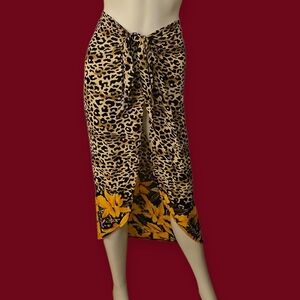 Vtg ELISABETH STEWART 1980s Leopard Print Tropical Floral Sarong Cover-Up